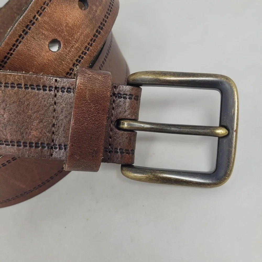 Fossil Belt Mens 36 Brown Leather Stitched Edge Casual Rugged Industrial Utility